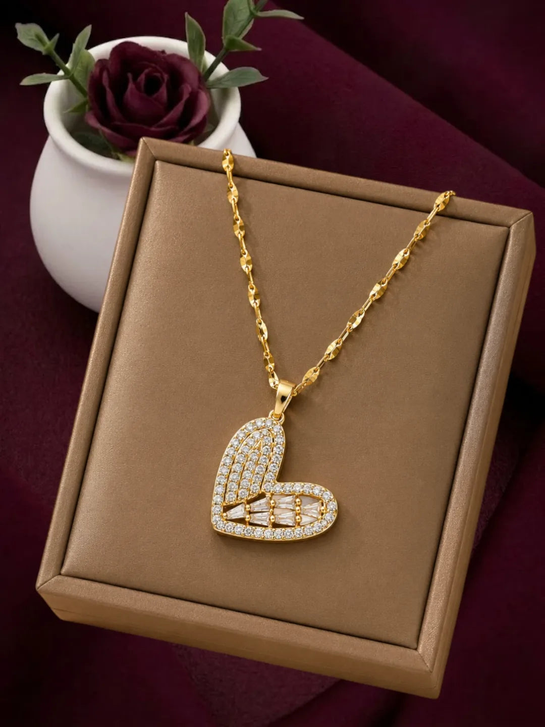 Gold Plated CZ Love Heart Pendant With Chain