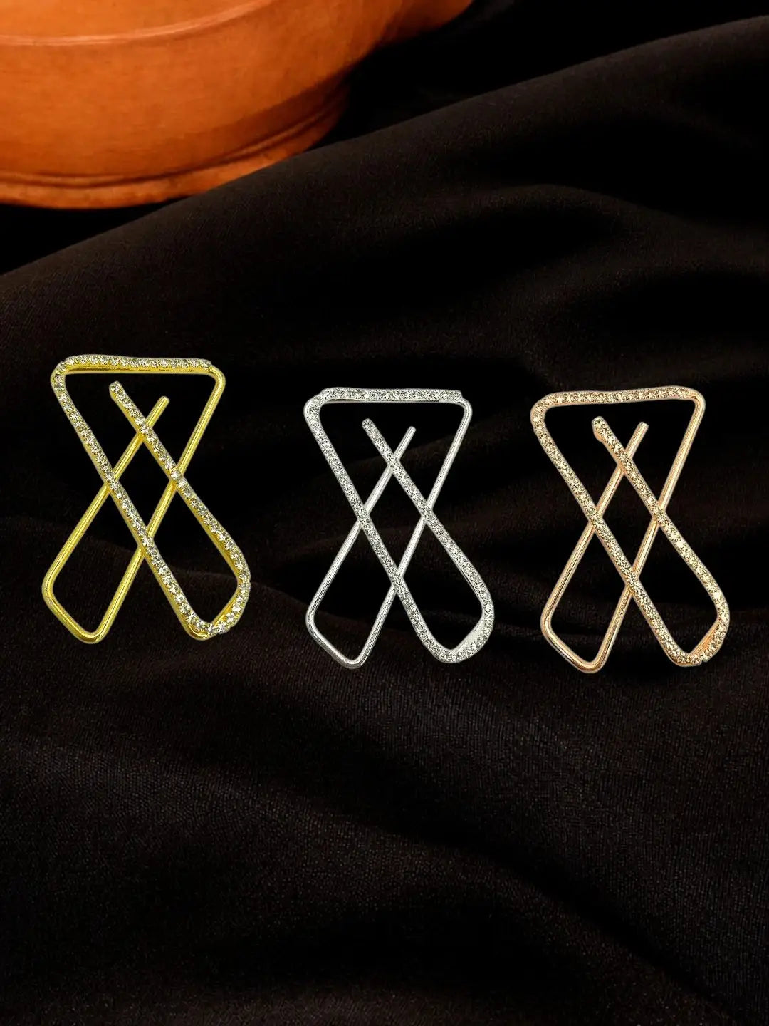 Set Of 3 Multi Toned CZ X Shape Safety Saree Brooch Pin