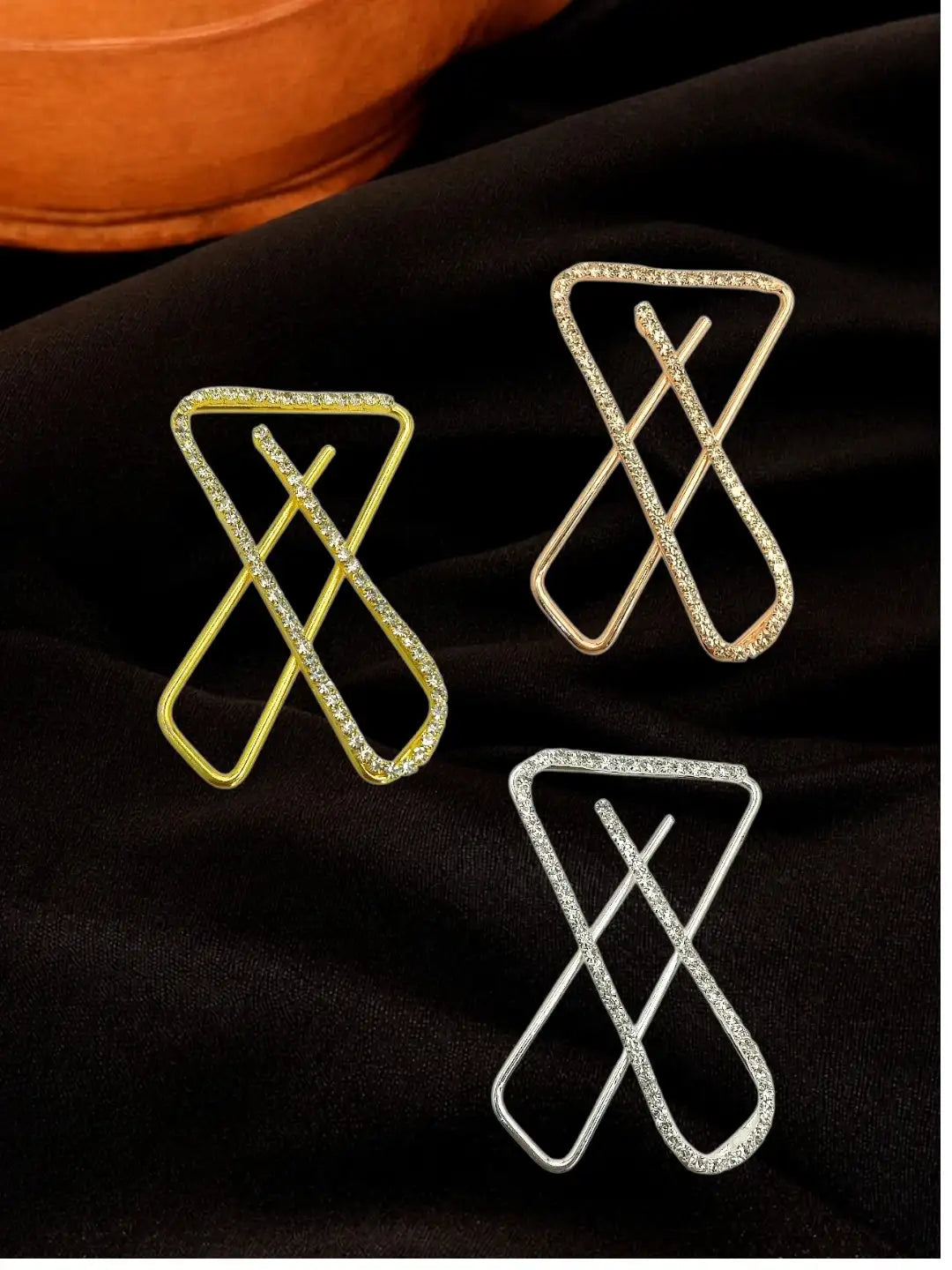 Set Of 3 Multi Toned CZ X Shape Safety Saree Brooch Pin