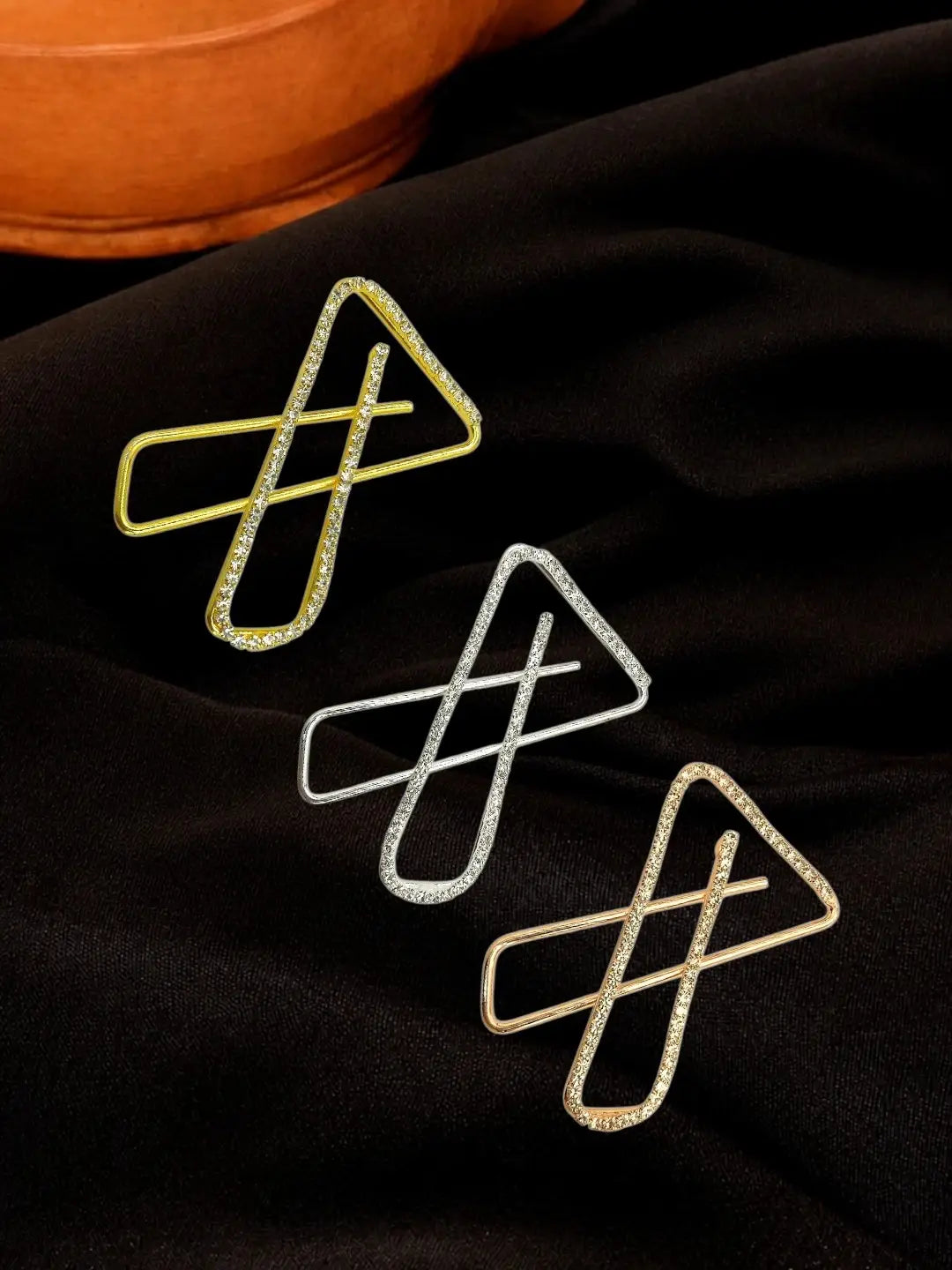 Set Of 3 Multi Toned CZ X Shape Safety Saree Brooch Pin