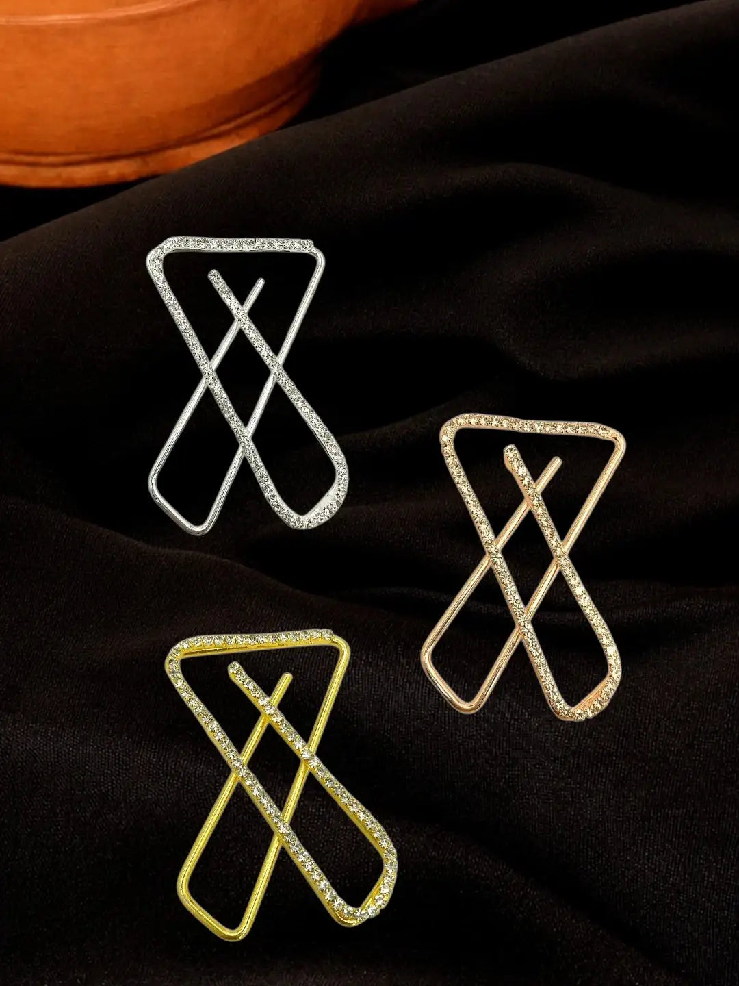 Set Of 3 Multi Toned CZ X Shape Safety Saree Brooch Pin