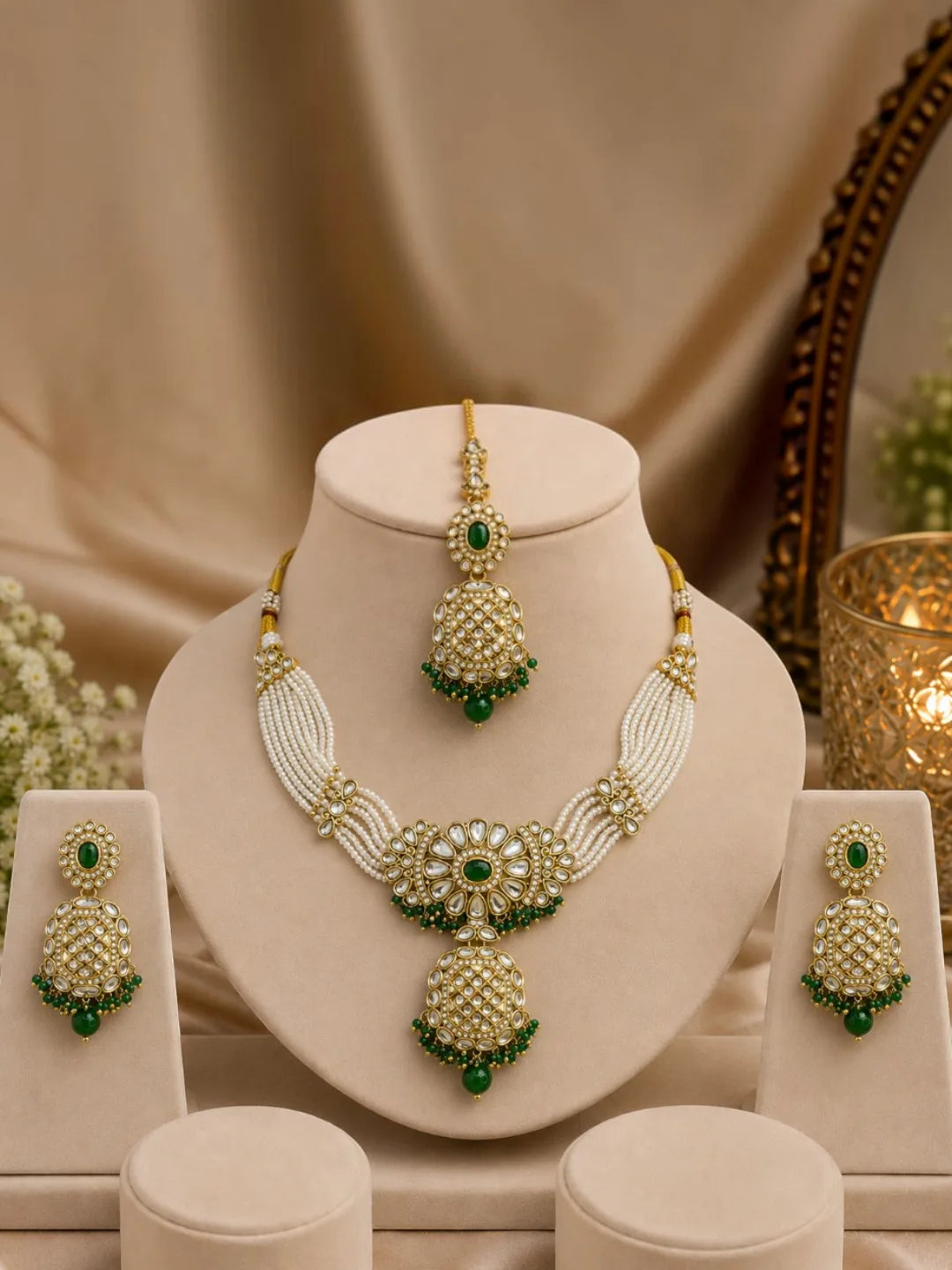 Gold Plated Kundan Green Necklace Set with Matching Earrings and Maangtikka