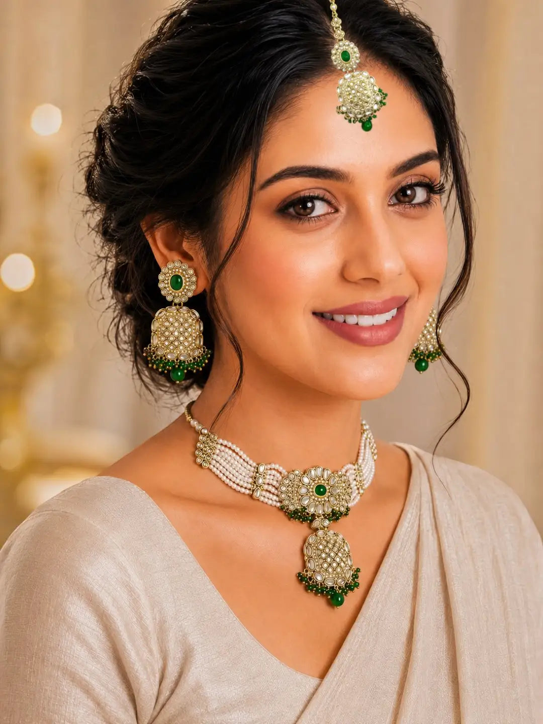 Gold Plated Kundan Green Necklace Set with Matching Earrings and Maangtikka
