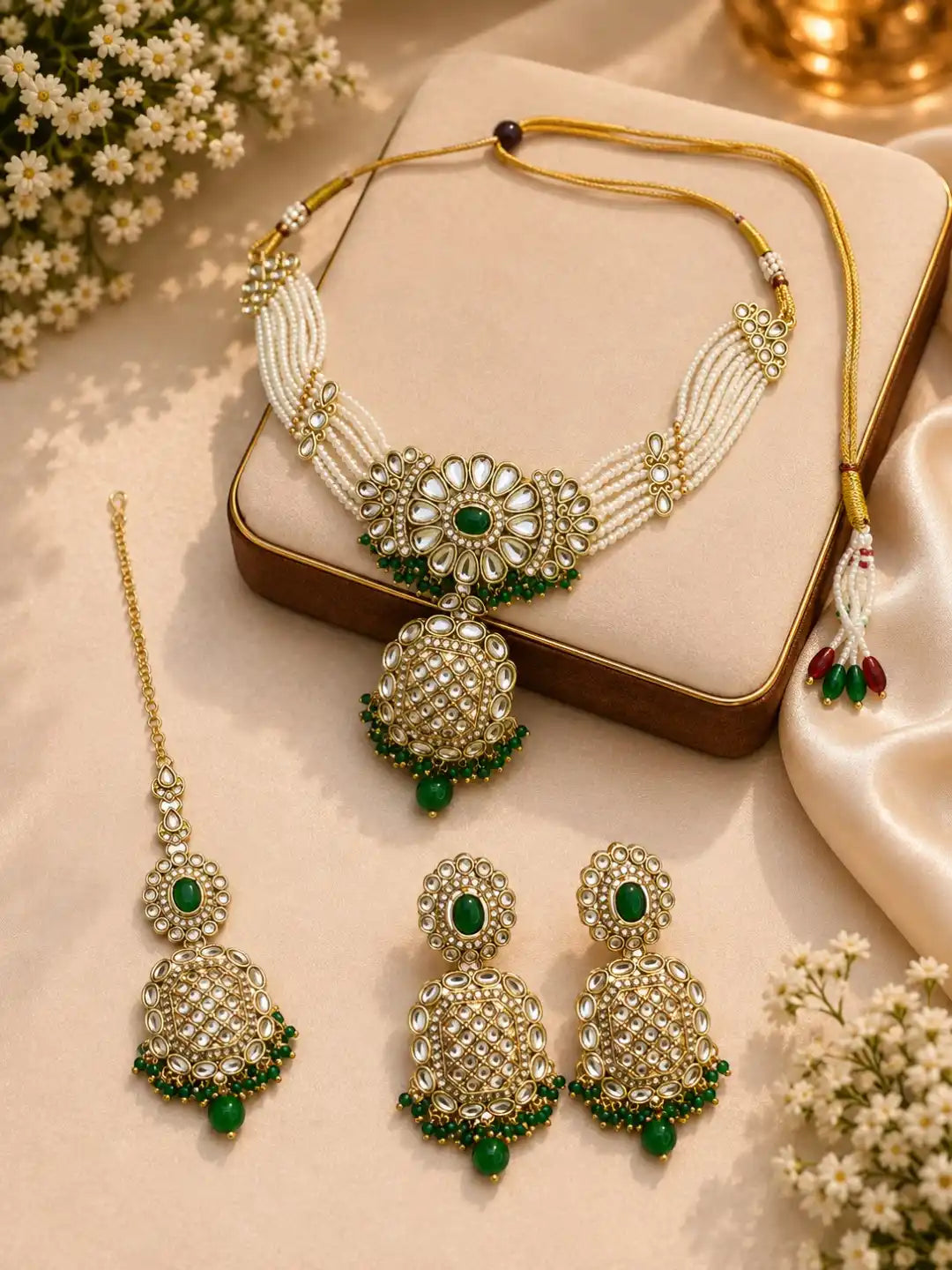 Gold Plated Kundan Green Necklace Set with Matching Earrings and Maangtikka