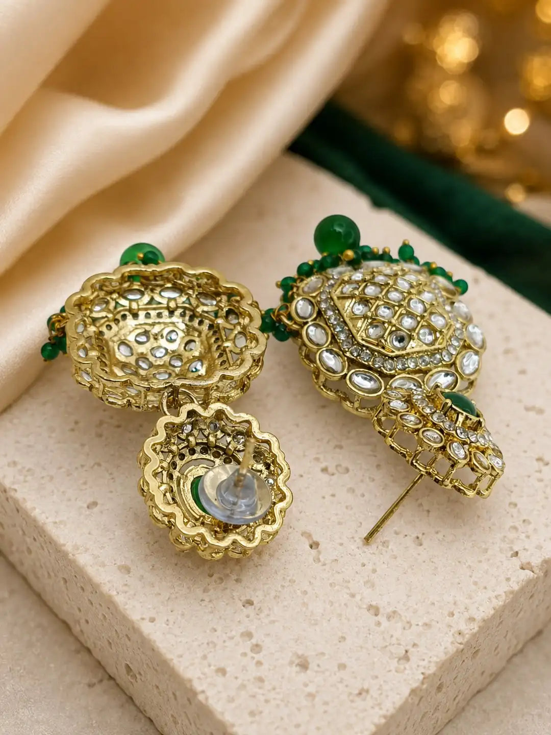 Gold Plated Kundan Green Necklace Set with Matching Earrings and Maangtikka
