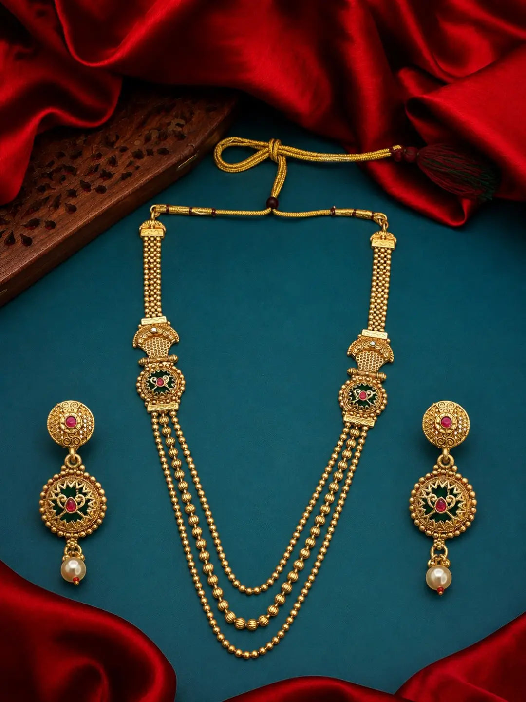 Gold Plated Layered Heritage Necklace Set with Matching Drop Earrings