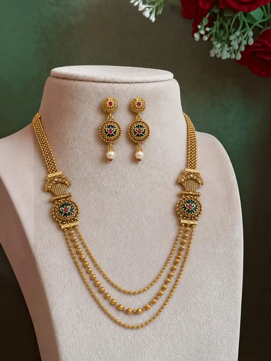Gold Plated Layered Heritage Necklace Set with Matching Drop Earrings