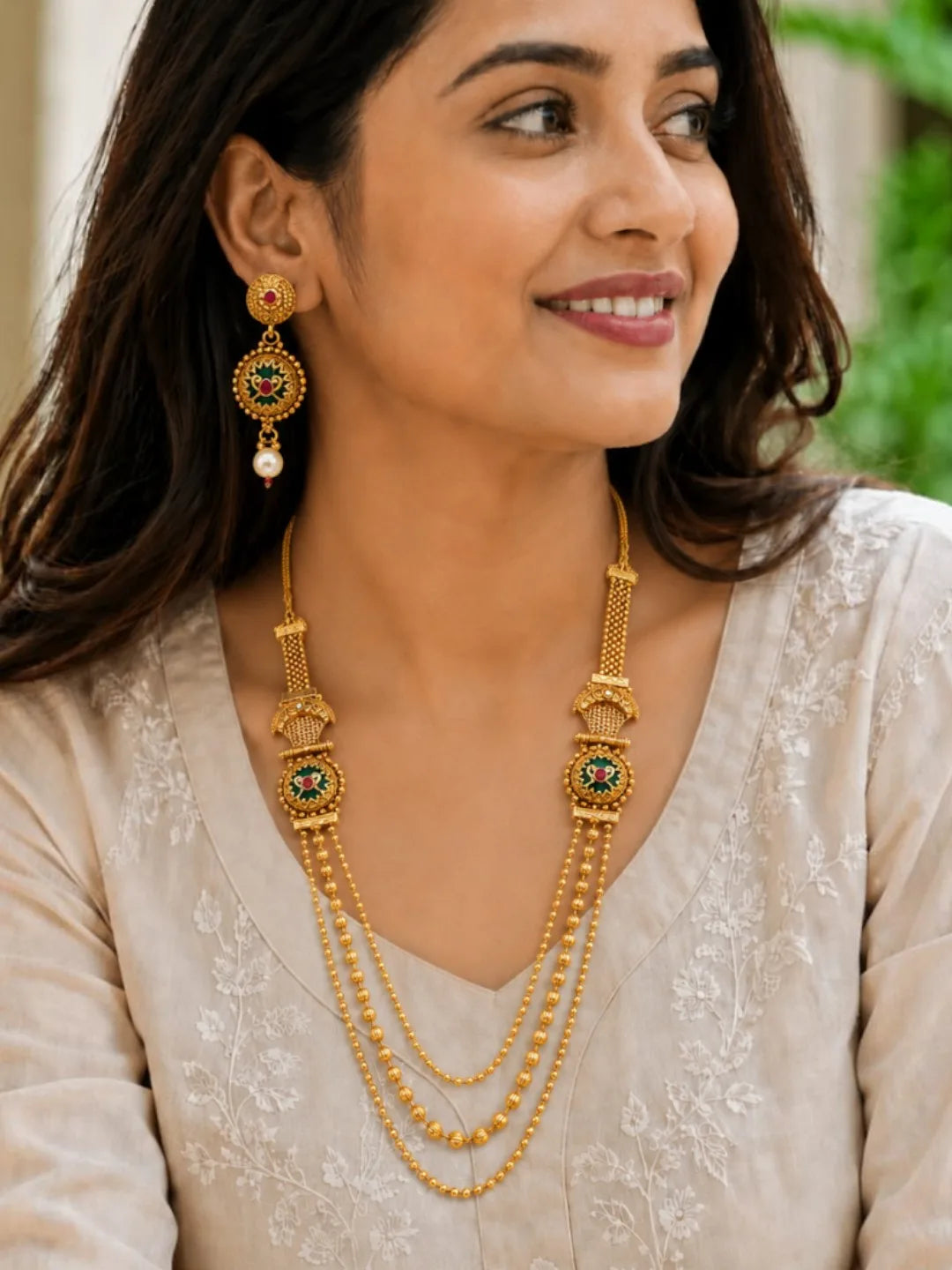 Gold Plated Layered Heritage Necklace Set with Matching Drop Earrings