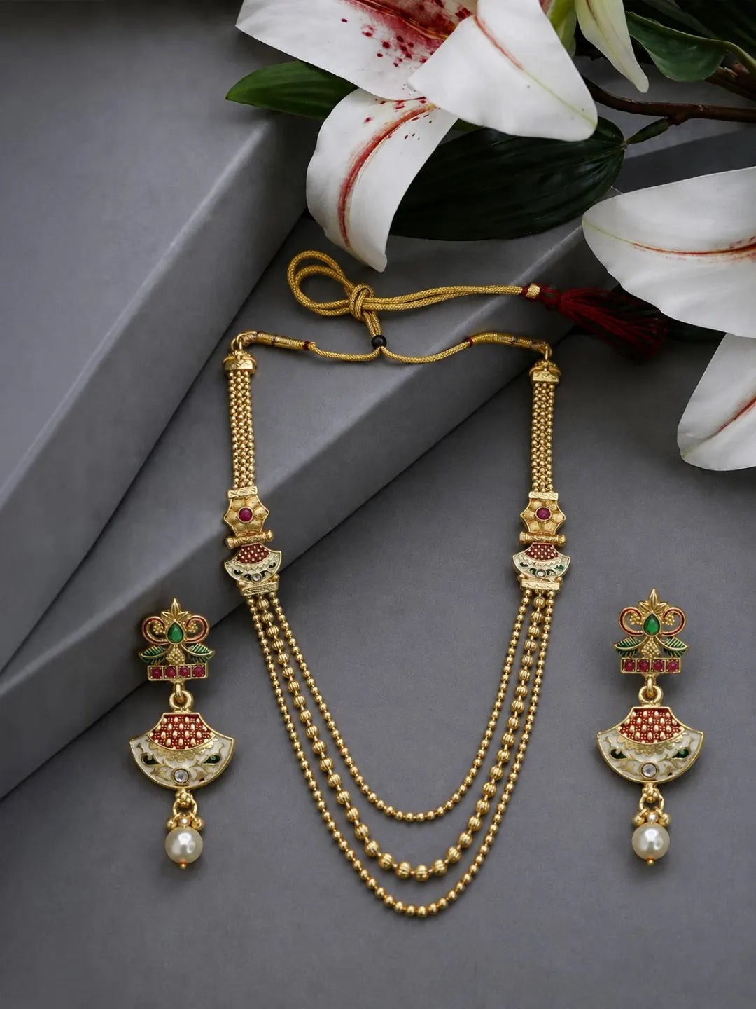 Gold Plated Layered Meenakari Necklace Set with Matching Drop Earrings