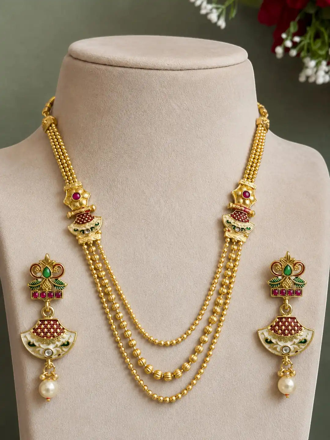 Gold Plated Layered Meenakari Necklace Set with Matching Drop Earrings