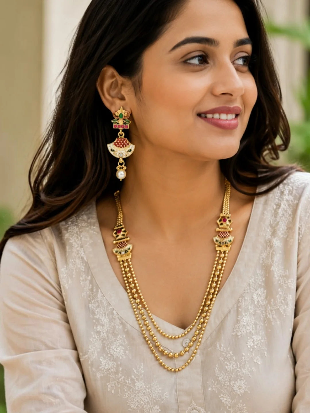 Gold Plated Layered Meenakari Necklace Set with Matching Drop Earrings