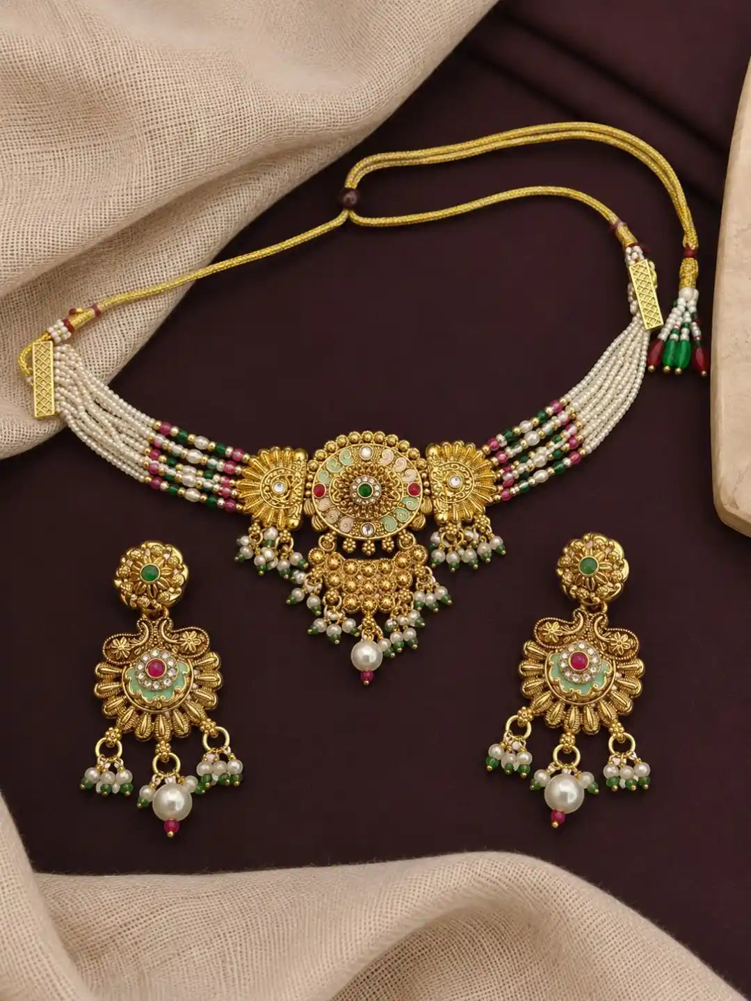 Gold Plated Jaipuri Meenakari Choker Necklace Set with Matching Drop Earrings