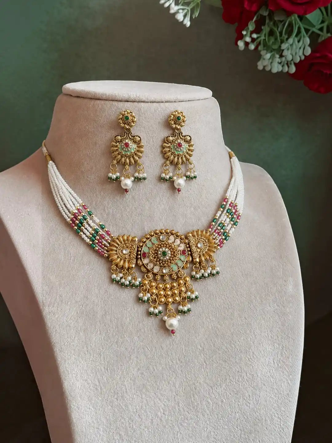 Gold Plated Jaipuri Meenakari Choker Necklace Set with Matching Drop Earrings