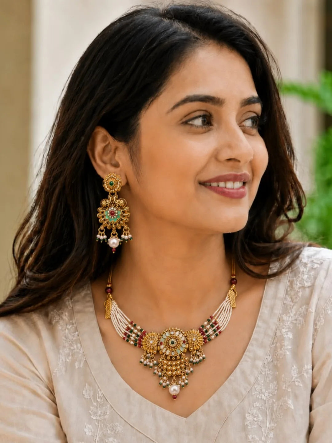 Gold Plated Jaipuri Meenakari Choker Necklace Set with Matching Drop Earrings