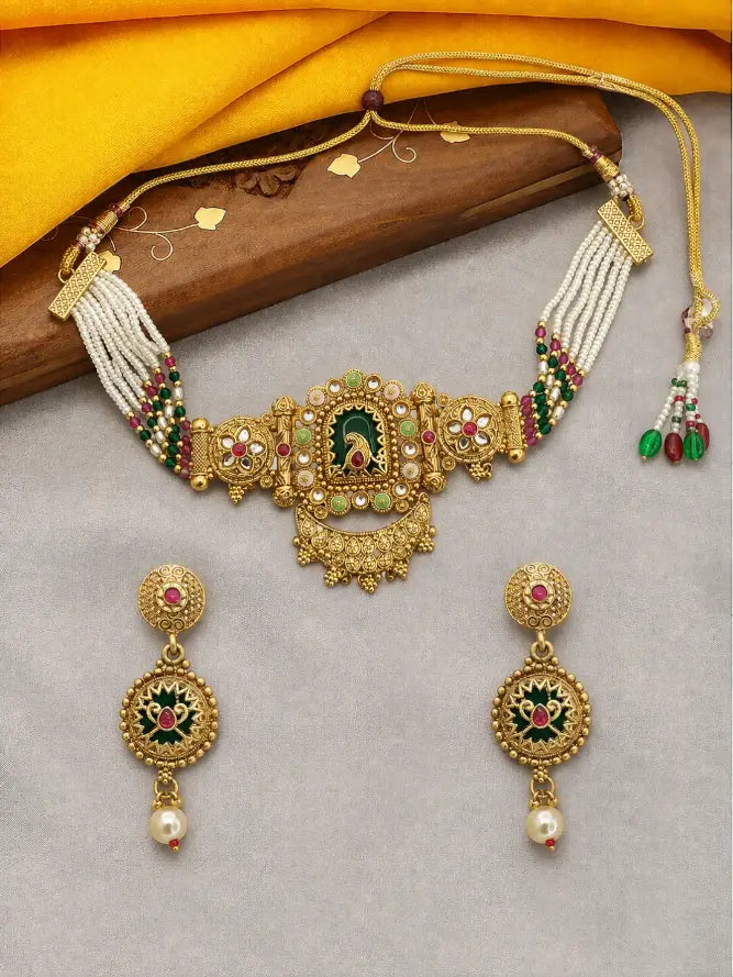 Gold Plated Rajwadi Heritage Choker Necklace Set with Matching Earrings