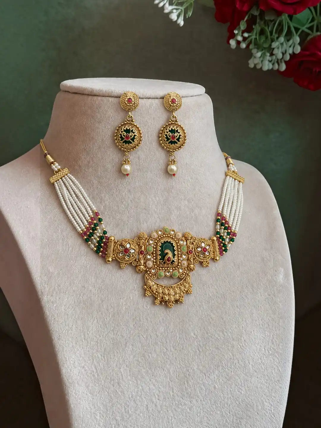 Gold Plated Rajwadi Heritage Choker Necklace Set with Matching Earrings