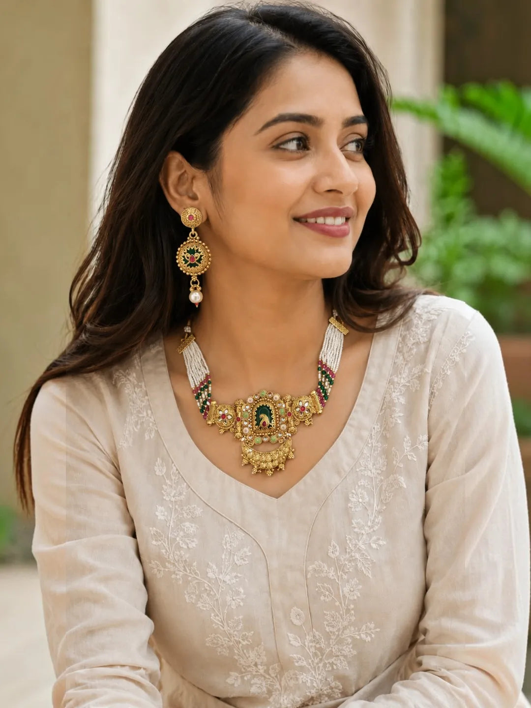 Gold Plated Rajwadi Heritage Choker Necklace Set with Matching Earrings