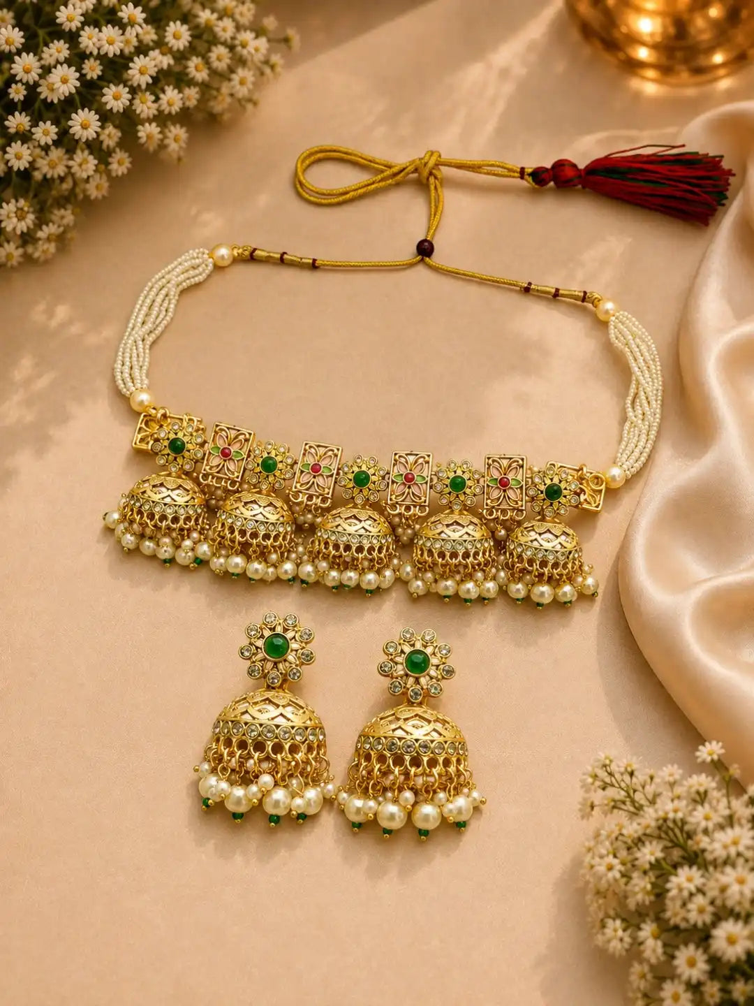Gold Tone Floral Meenakari CZ Choker Necklace Set with Matching Jhumka Earrings