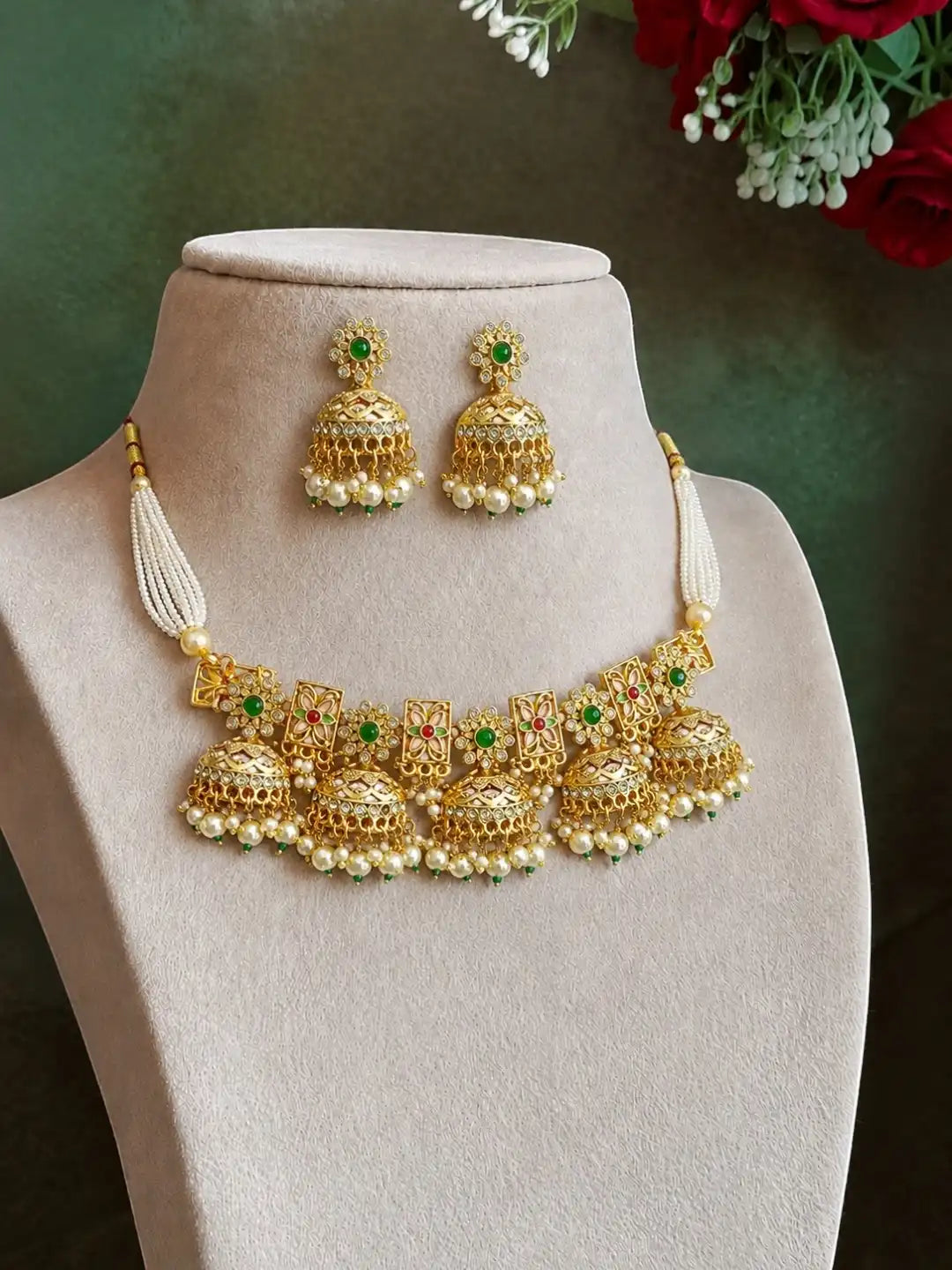 Gold Tone Floral Meenakari CZ Choker Necklace Set with Matching Jhumka Earrings