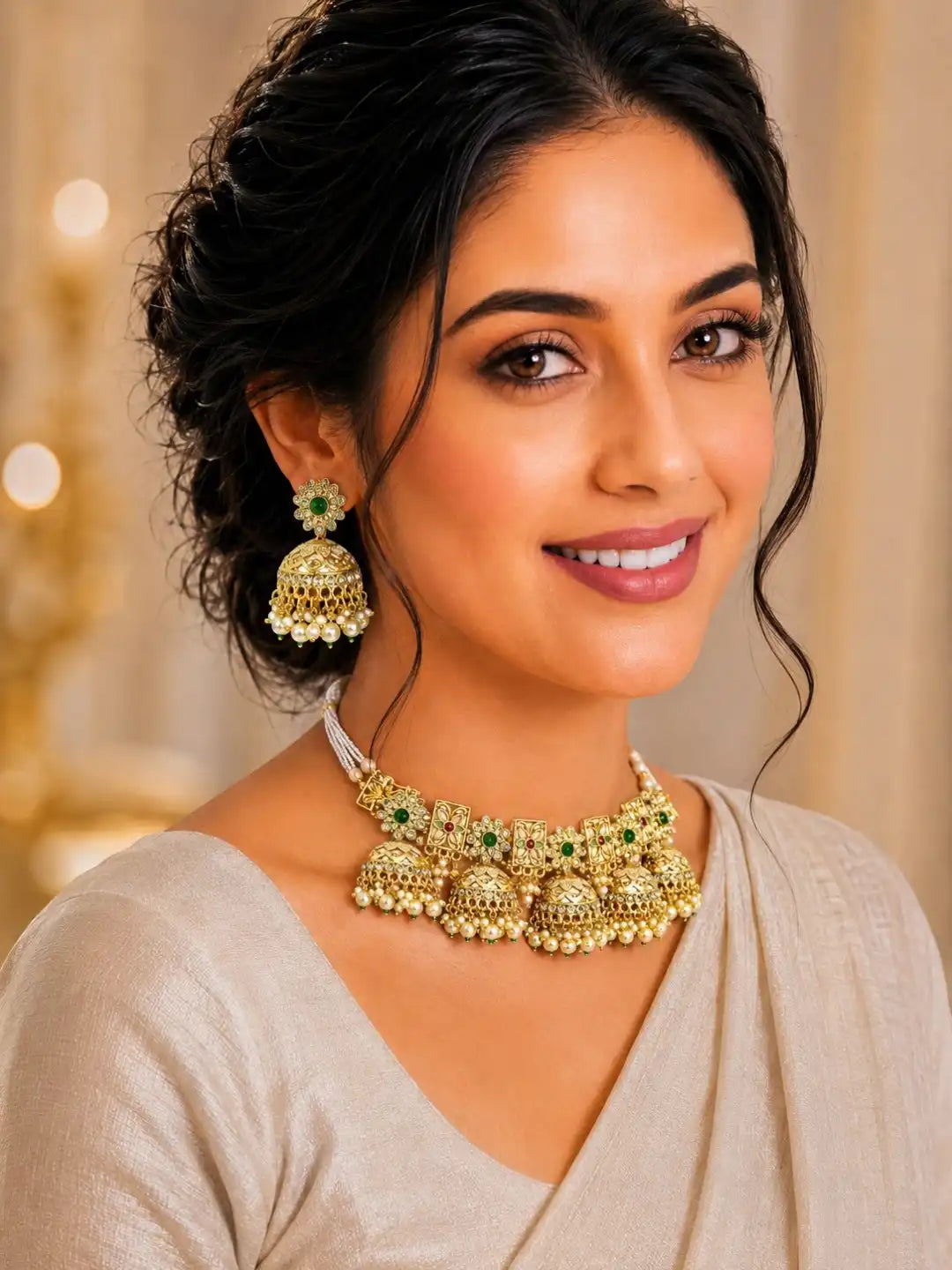 Gold Tone Floral Meenakari CZ Choker Necklace Set with Matching Jhumka Earrings