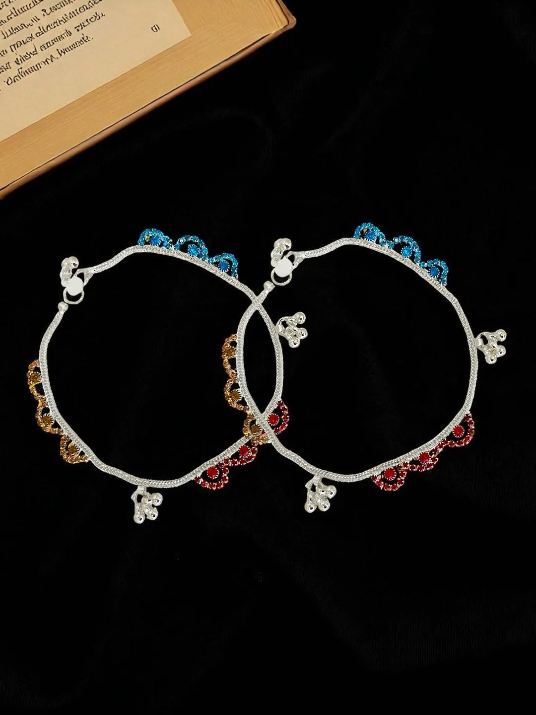 Silver-Plated Artificial Stones Studded Ghungroo Anklets