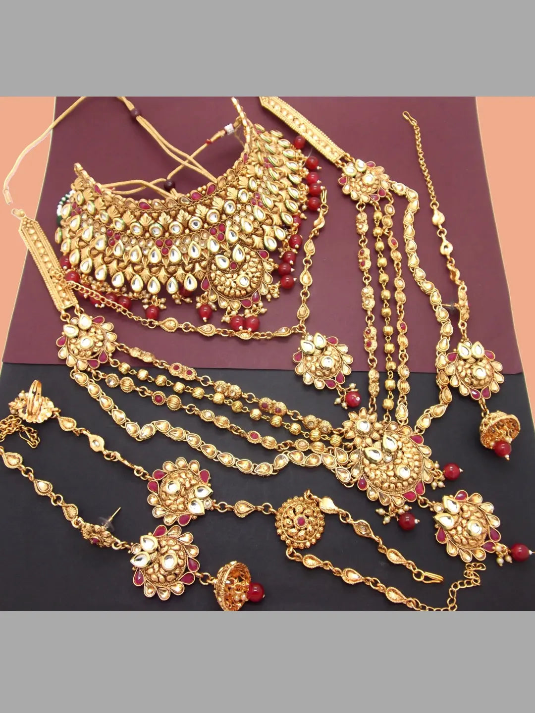 Gold Plated Red Bridal Jewellery Set