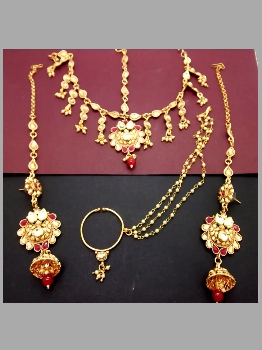 Gold Plated Red Bridal Jewellery Set
