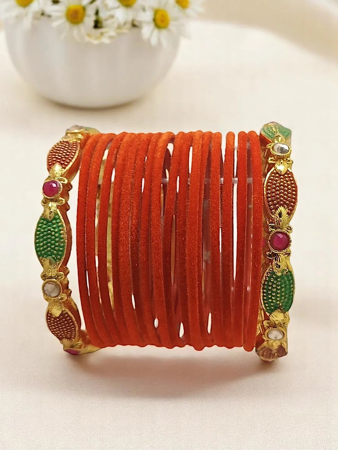 Set Of 18 Orange and Gold plated Velvet Bangle Set