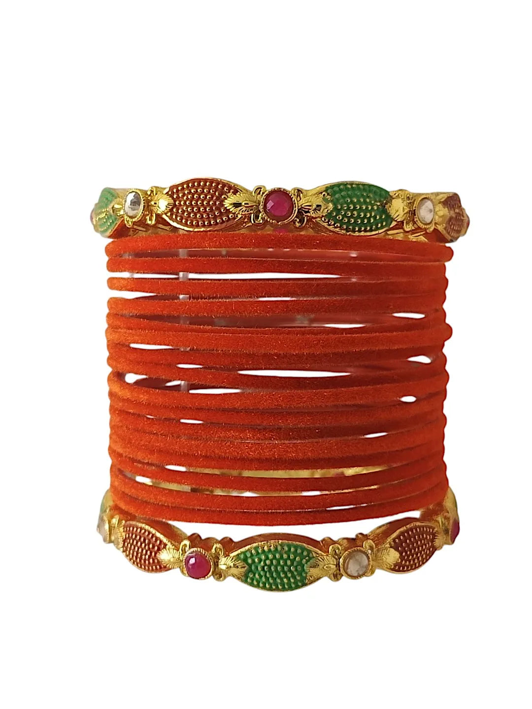 Set Of 18 Orange and Gold plated Velvet Bangle Set