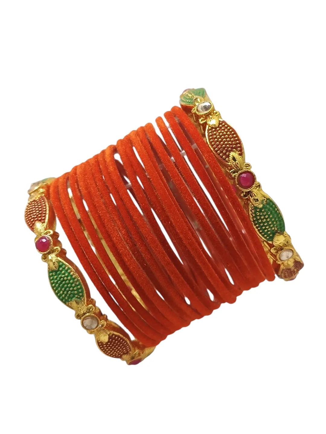Set Of 18 Orange and Gold plated Velvet Bangle Set