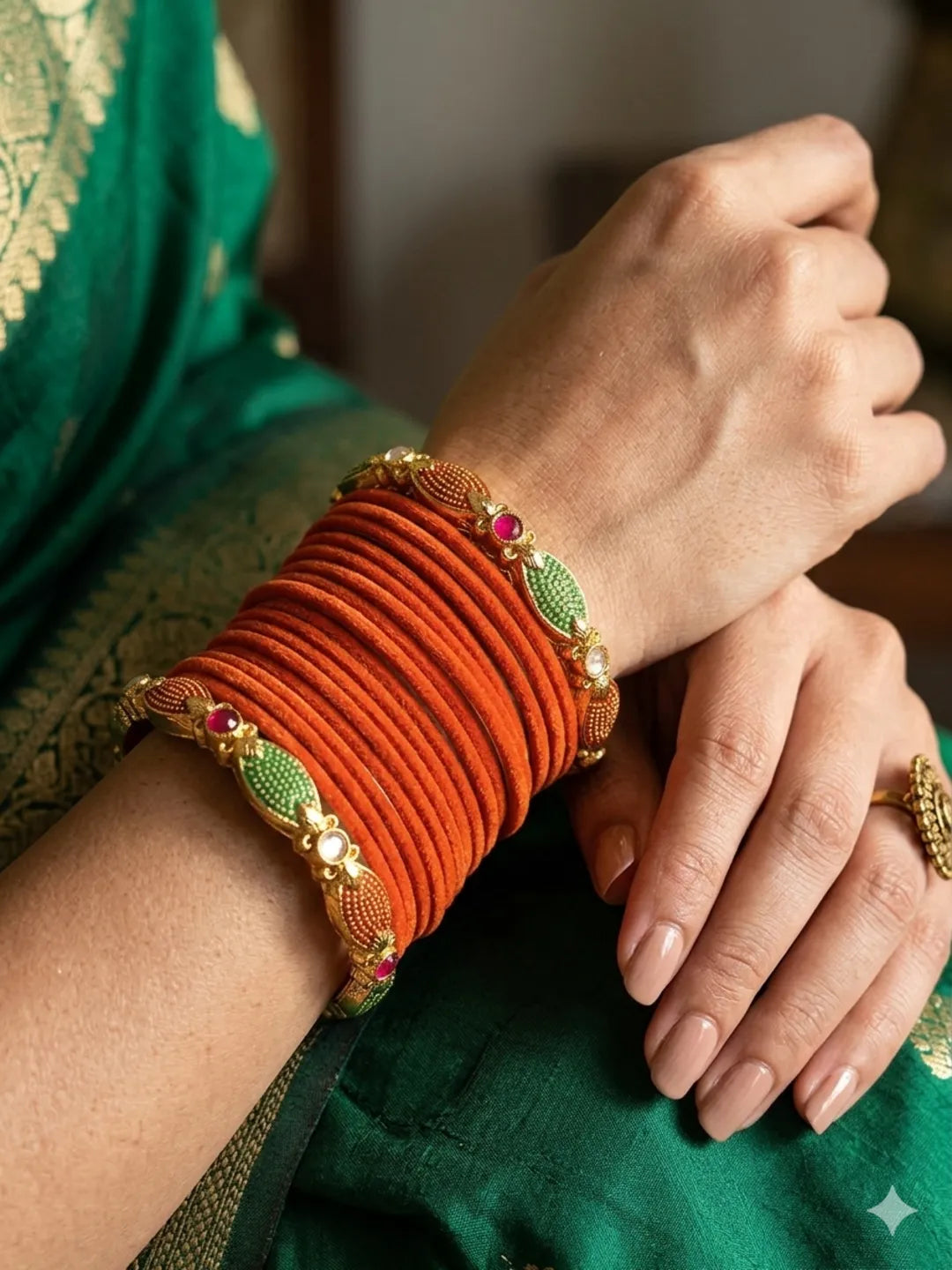 Set Of 18 Orange and Gold plated Velvet Bangle Set