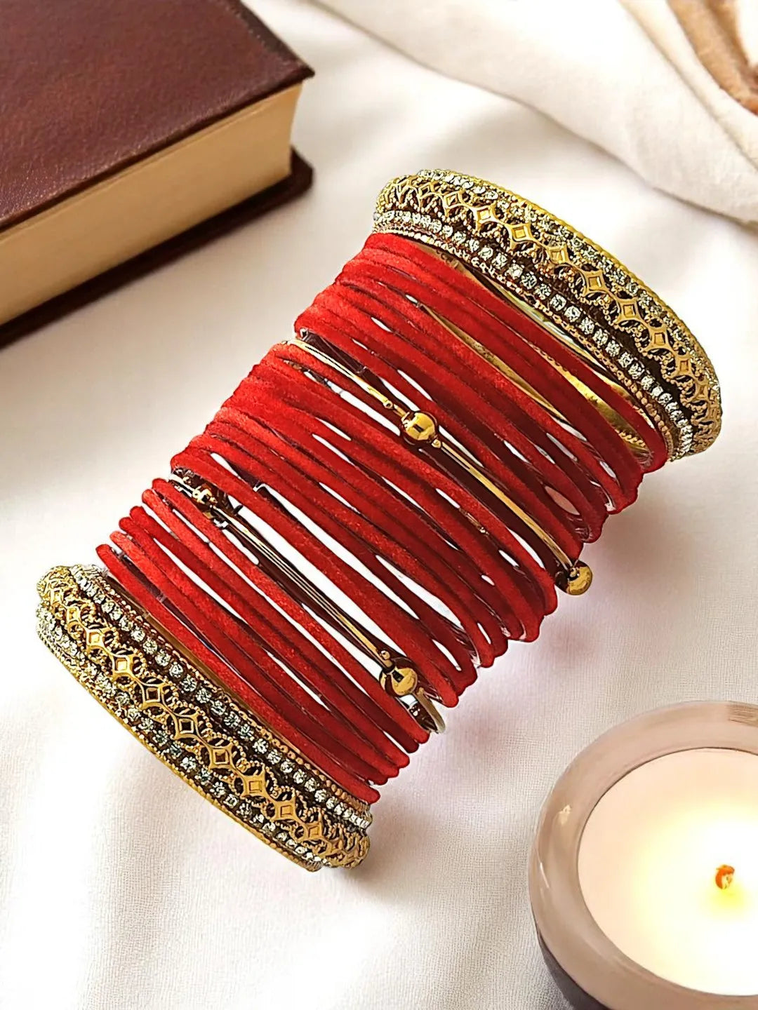 Set Of 28 Gold Plated Stone-Studded & Beaded Velvet Bangles