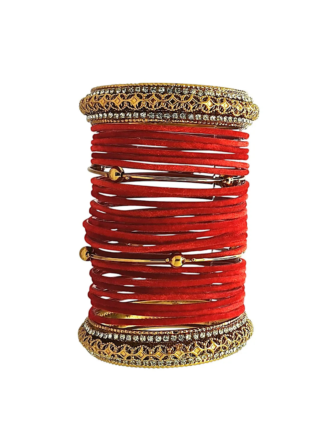 Set Of 28 Gold Plated Stone-Studded & Beaded Velvet Bangles