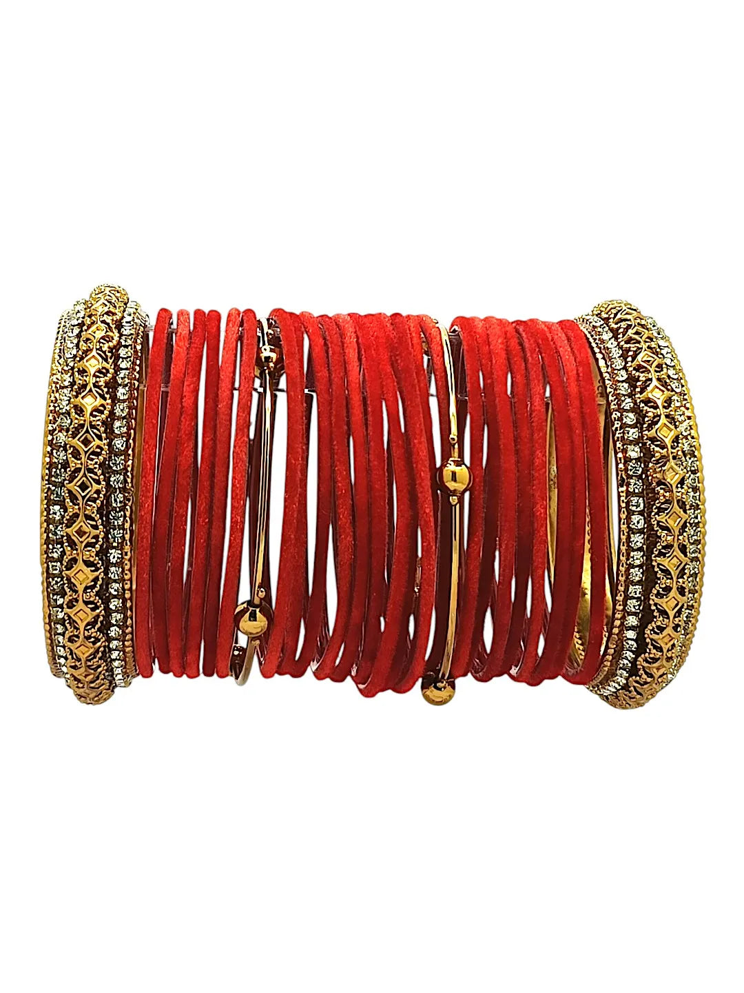 Set Of 28 Gold Plated Stone-Studded & Beaded Velvet Bangles