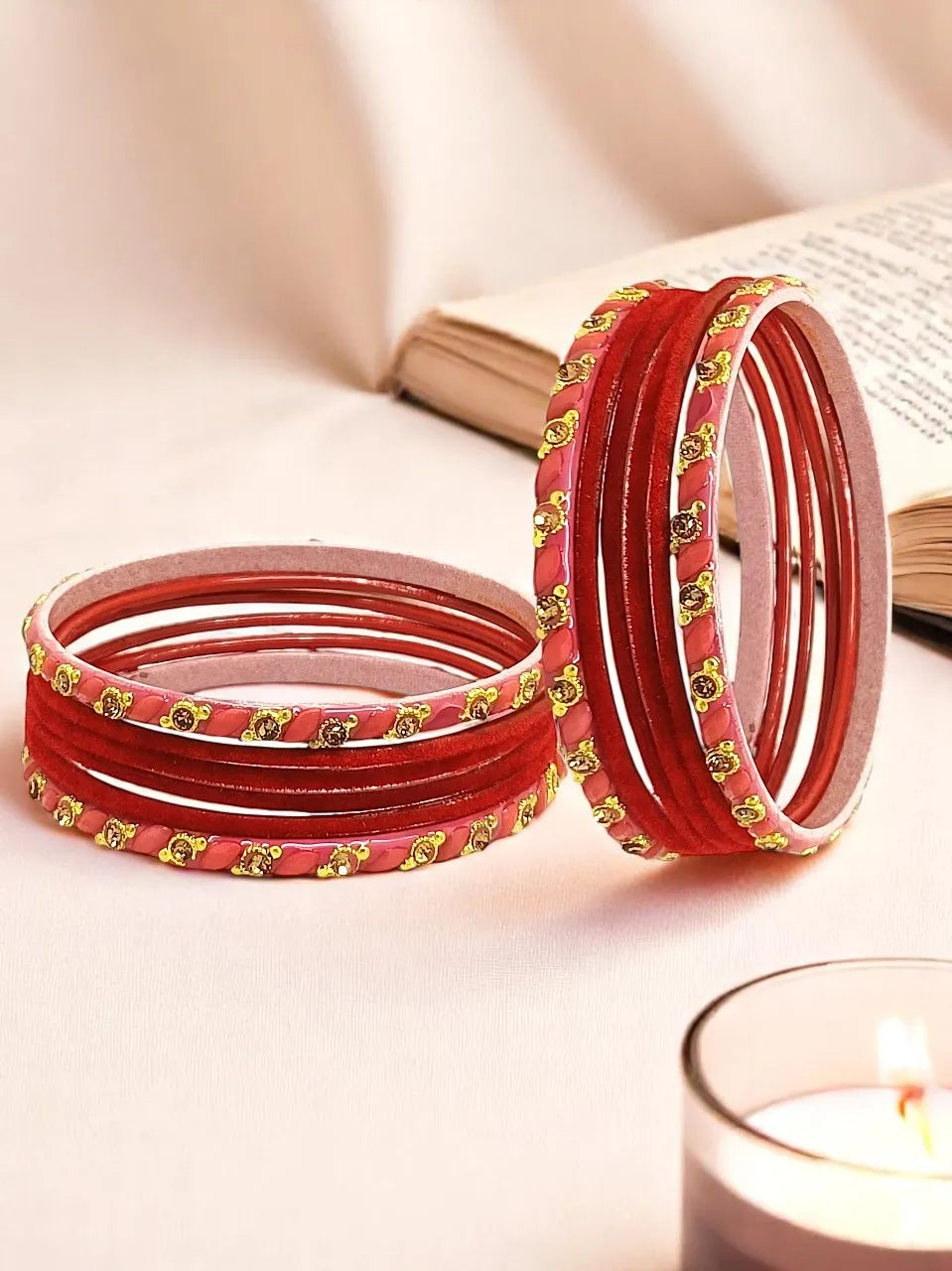 Set Of 12 Red, Peach Glass With Velvet Bangle Set