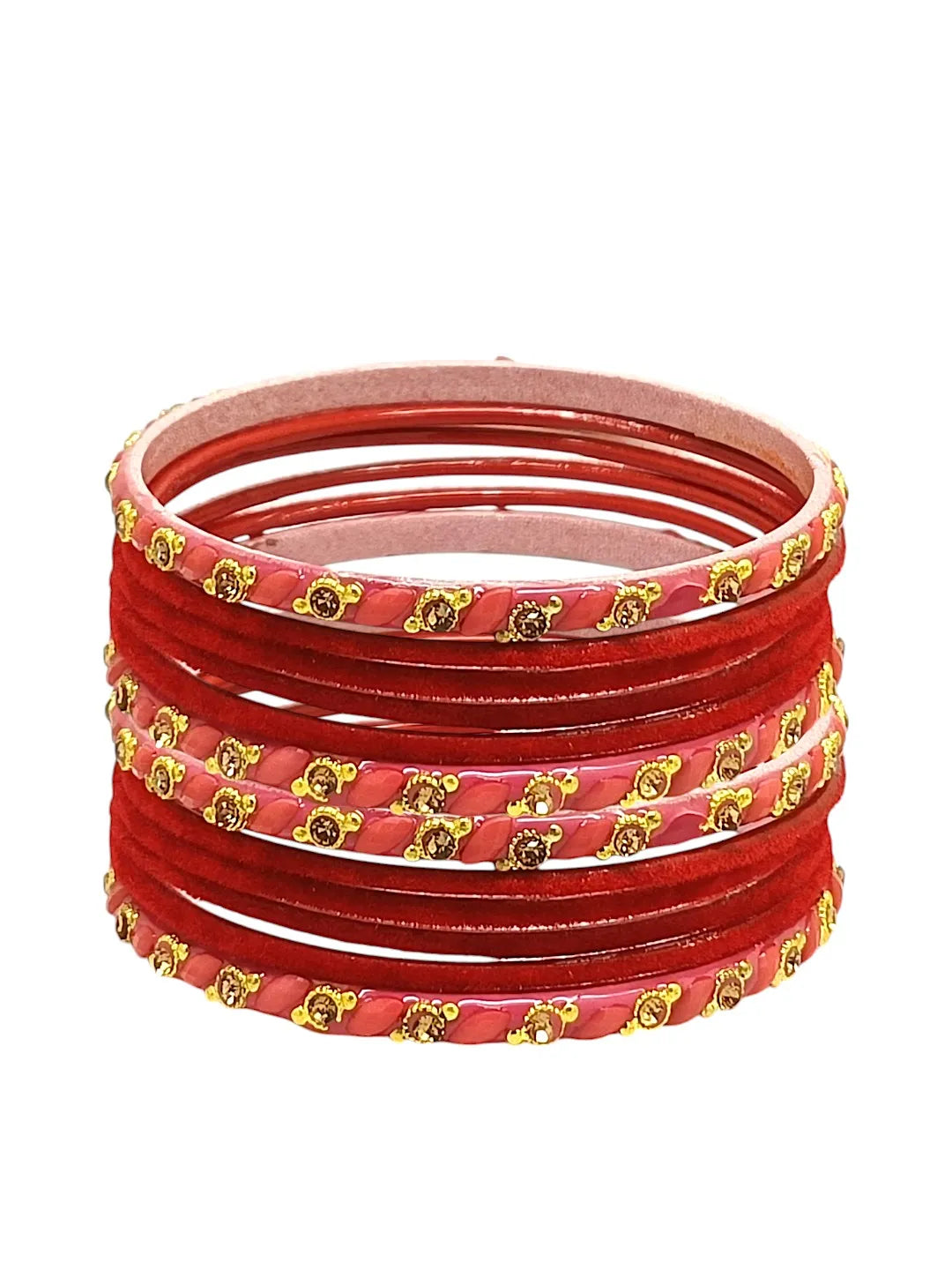 Set Of 12 Red, Peach Glass With Velvet Bangle Set