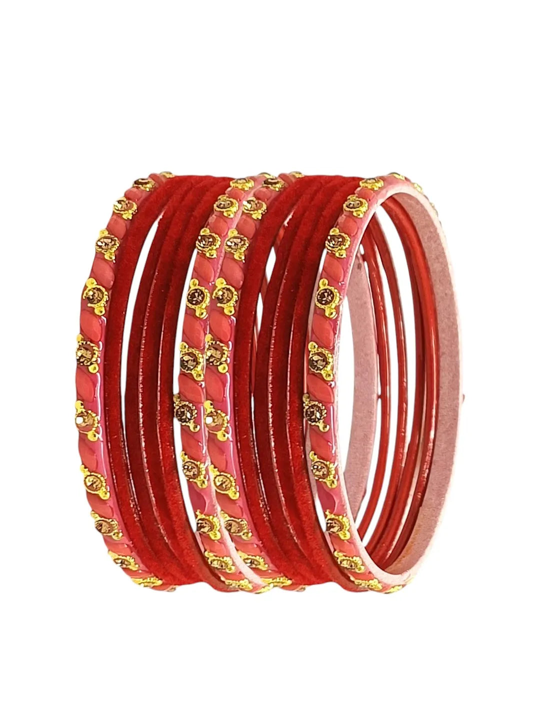 Set Of 12 Red, Peach Glass With Velvet Bangle Set