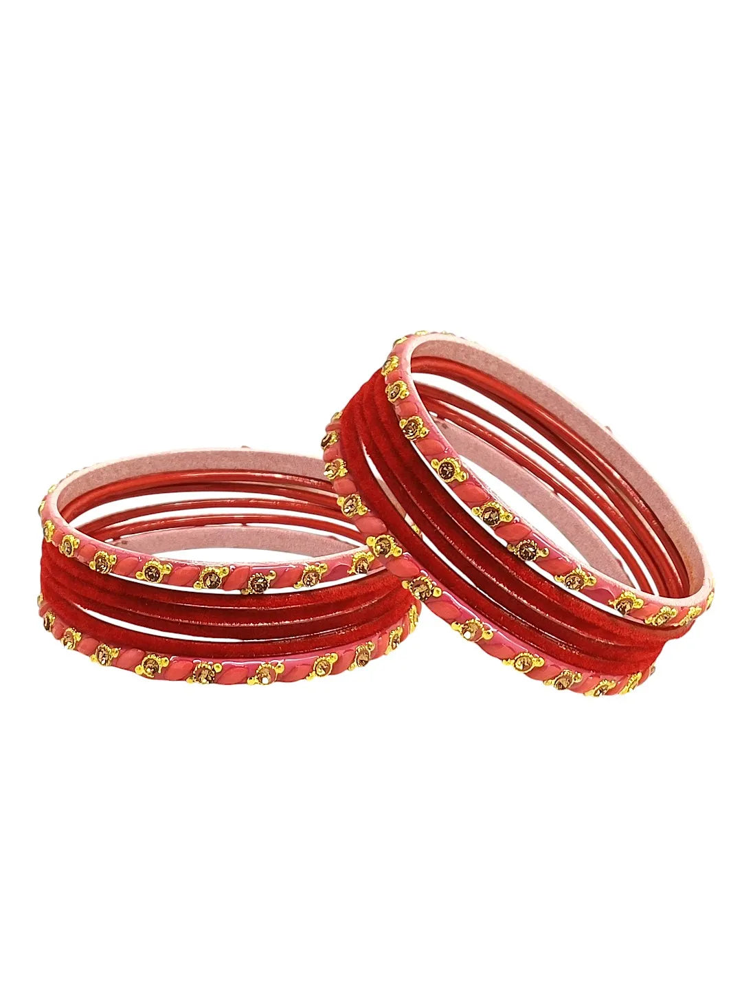 Set Of 12 Red, Peach Glass With Velvet Bangle Set