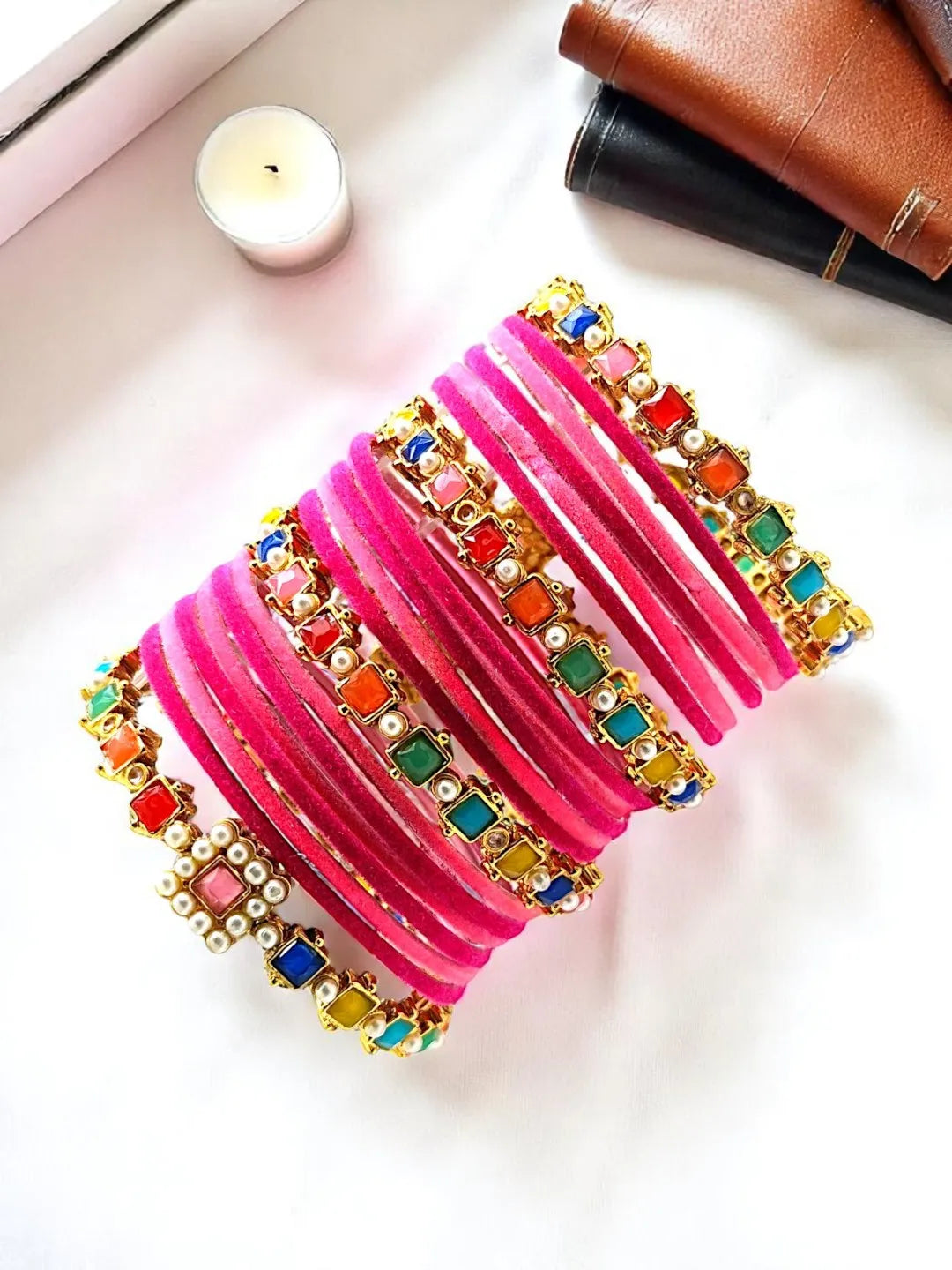 Set Of 16 Gold Plated Stone Studded Bangles