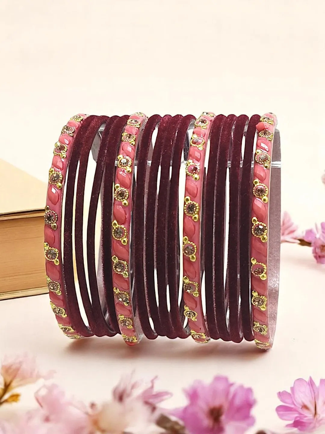 Set Of 16 Maroon & Peach Velvet Bangle Set