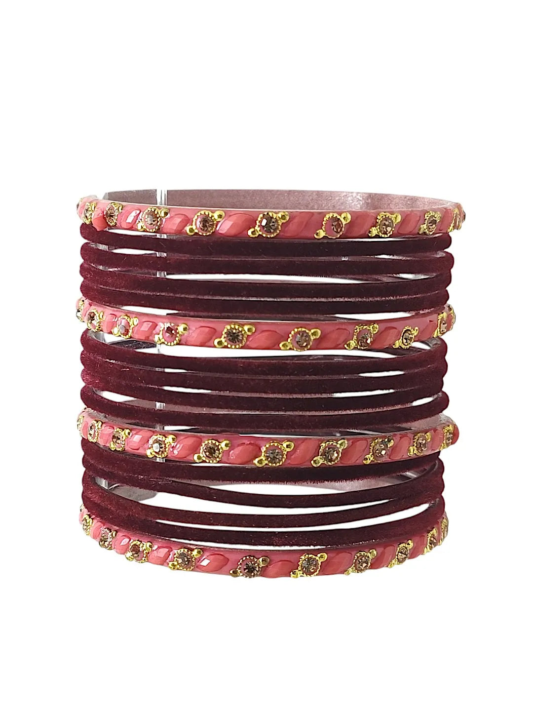 Set Of 16 Maroon & Peach Velvet Bangle Set