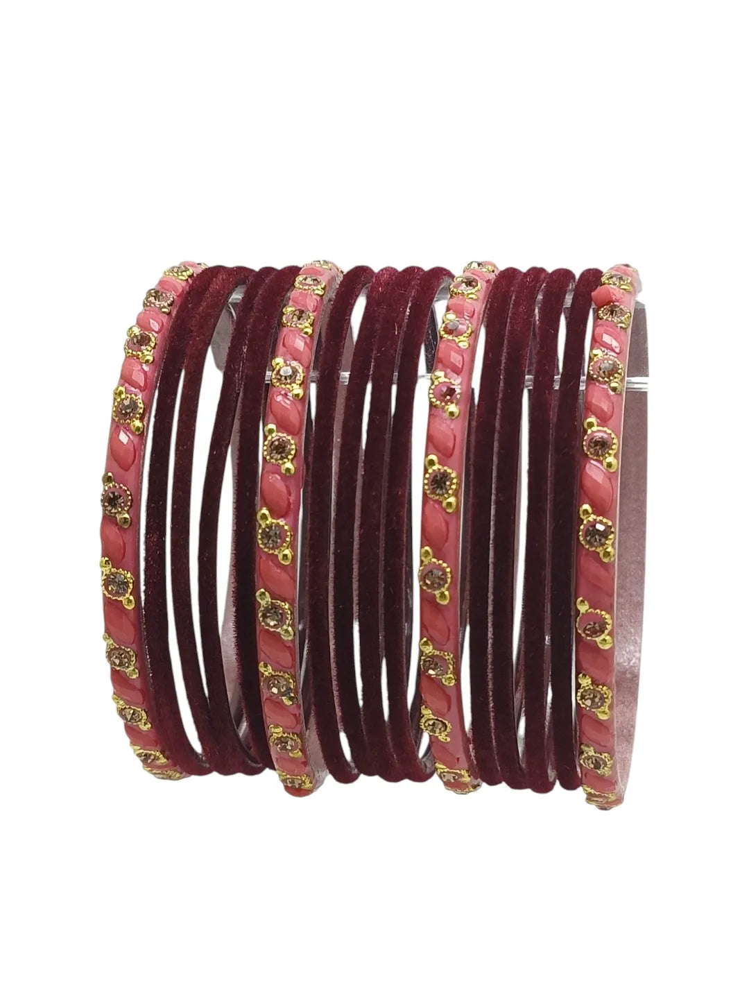 Set Of 16 Maroon & Peach Velvet Bangle Set