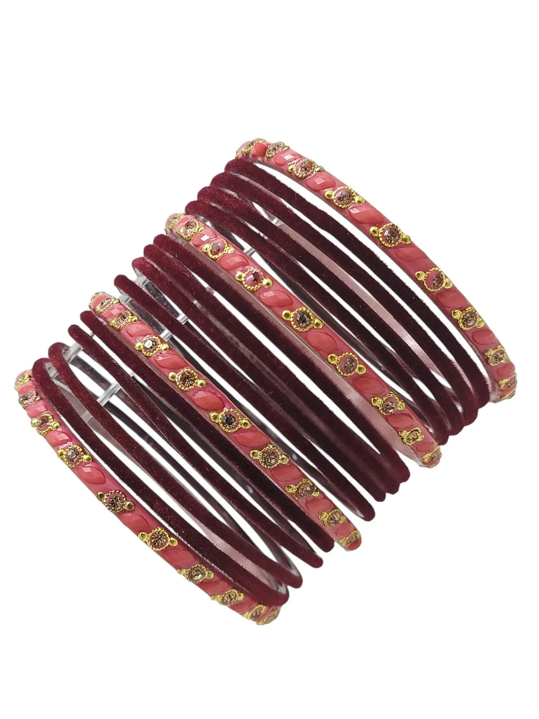 Set Of 16 Maroon & Peach Velvet Bangle Set