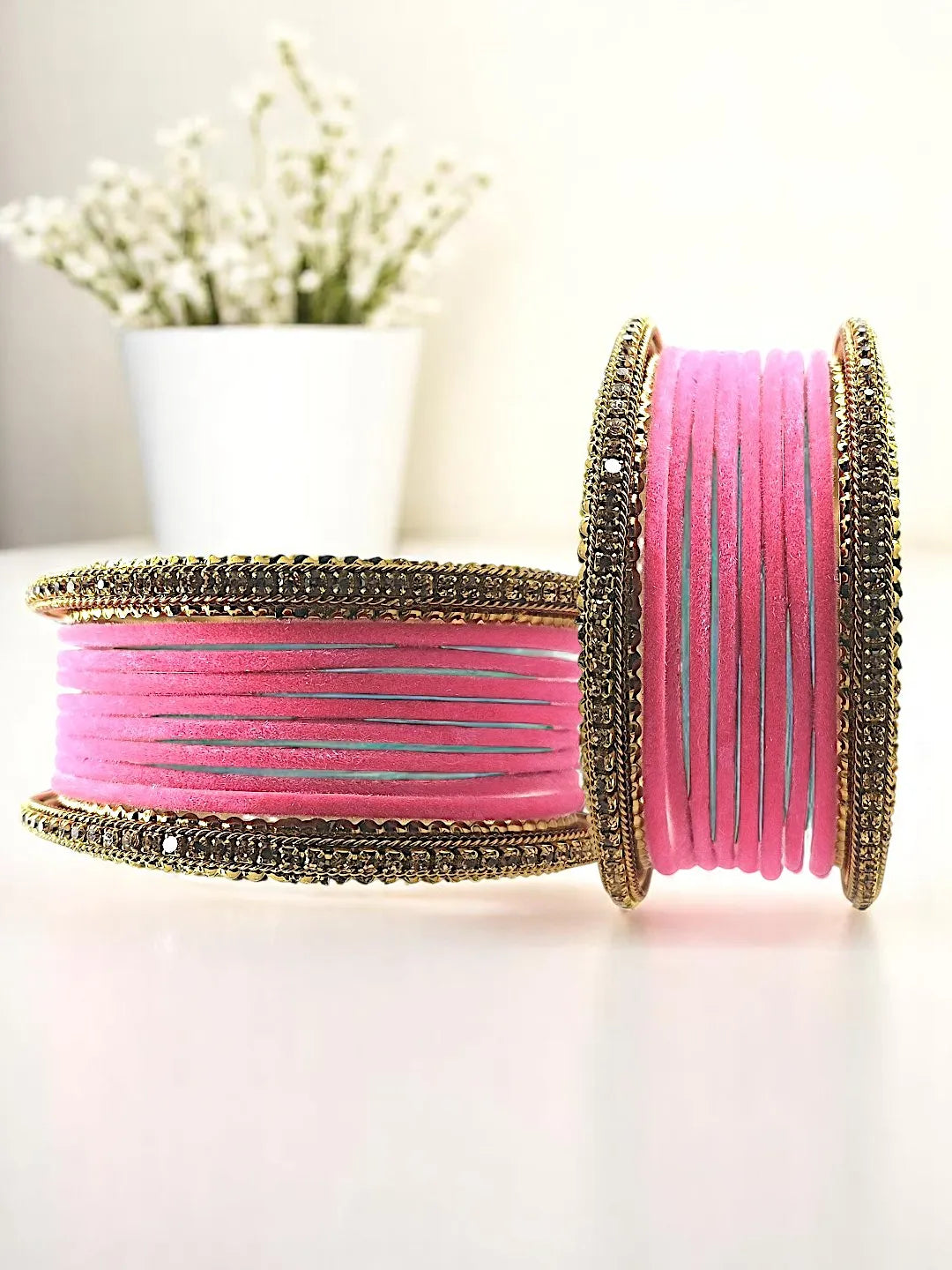 Set Of 20 Pink and Gold plated Velvet Bangle Set