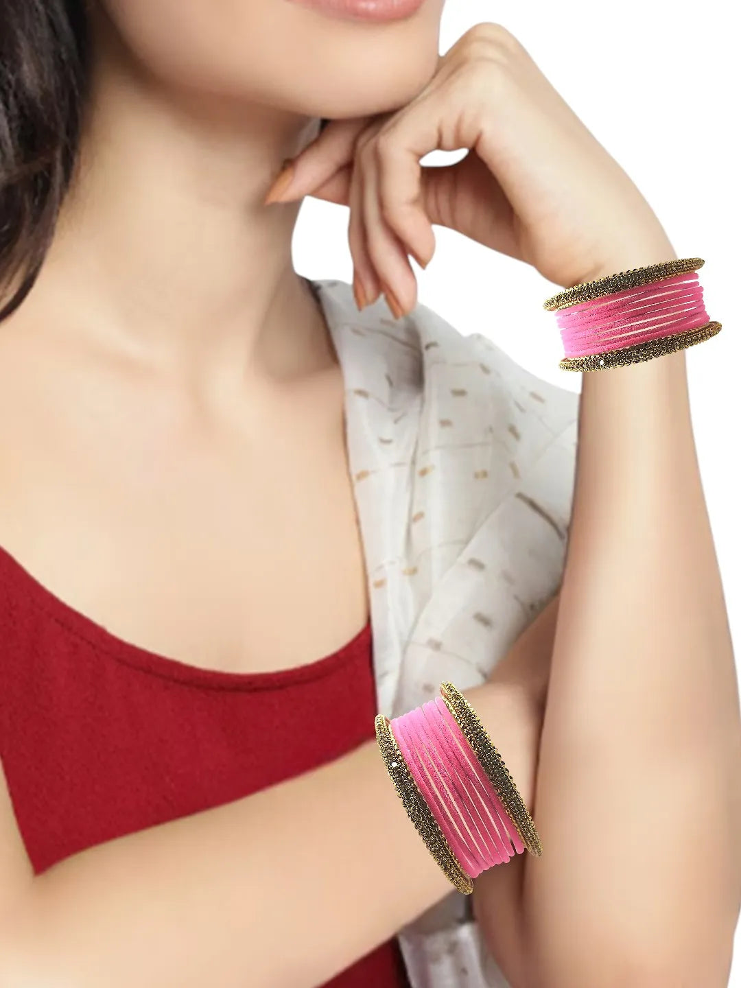 Set Of 20 Pink and Gold plated Velvet Bangle Set