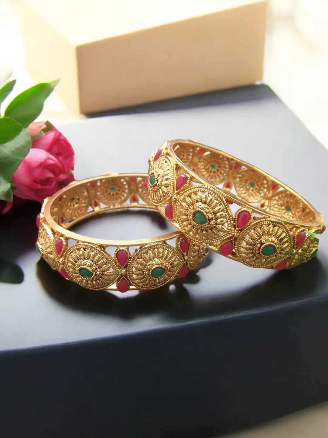 Set Of 2 Gold-Plated Artificial Stone Studded Kada Bangles Set