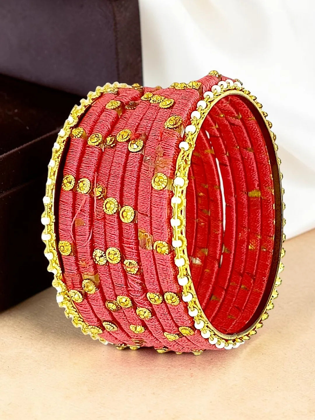 Set of 10 Gold-Plated Stone Studded & Beaded Bangles