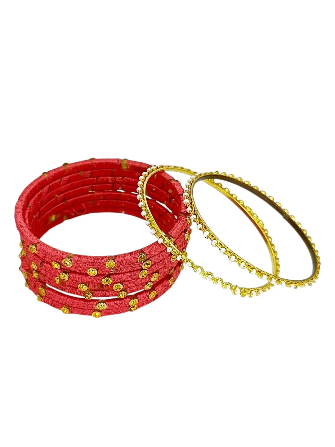 Set of 10 Gold-Plated Stone Studded & Beaded Bangles