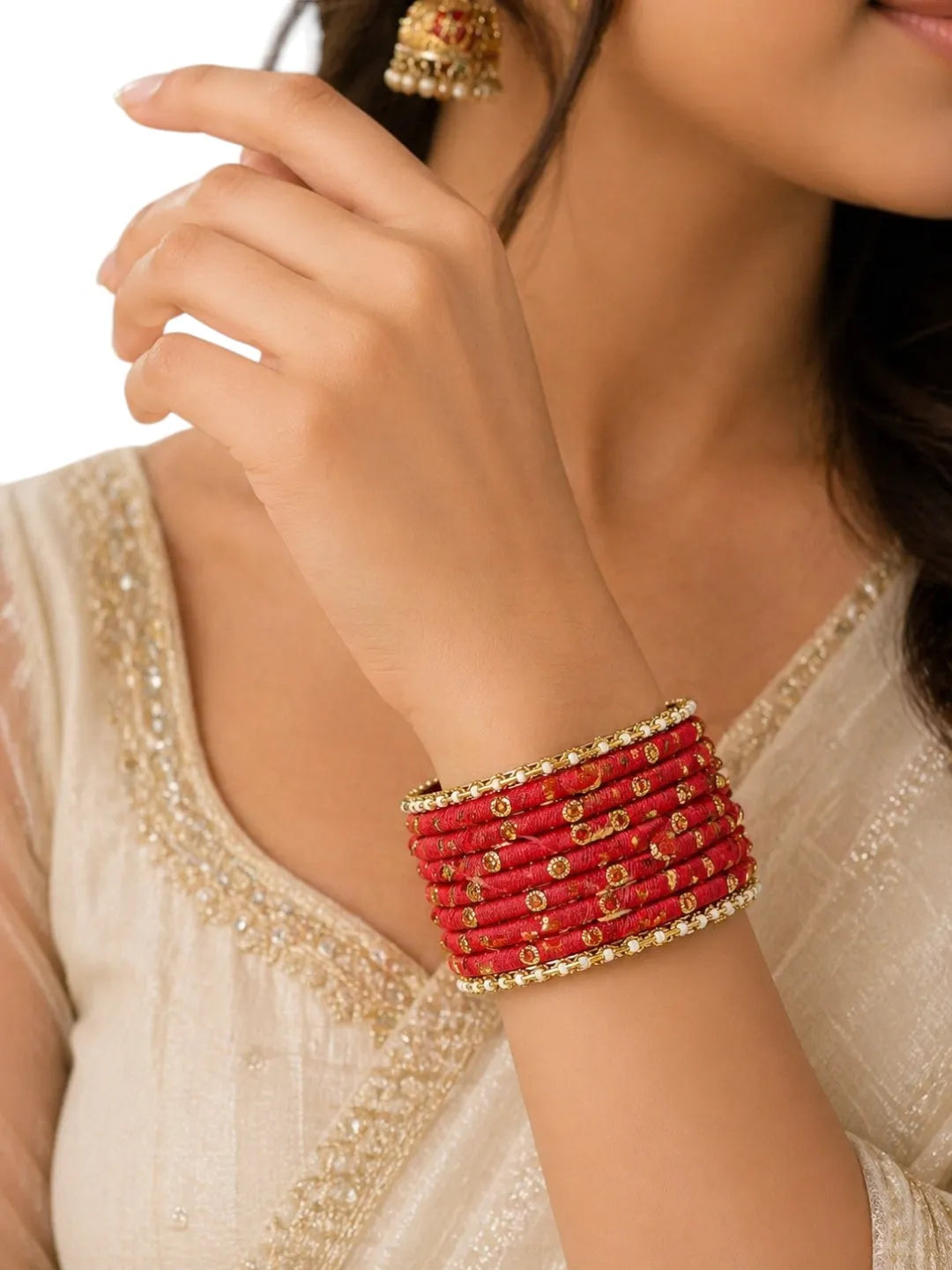 Set of 10 Gold-Plated Stone Studded & Beaded Bangles