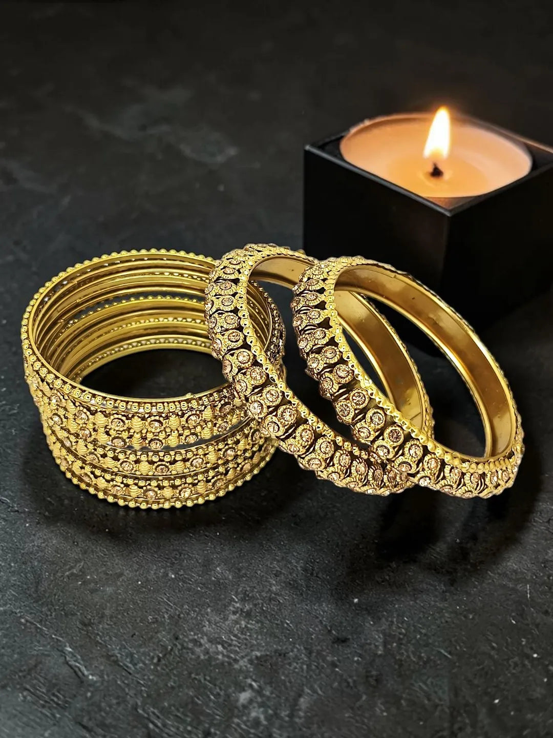 Set of 14 Gold-Plated Stone Studded & Beaded Bangles